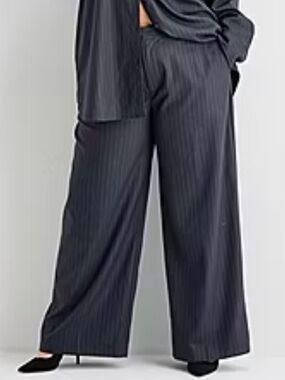 Ashley Graham Plus Size Navy Pinstriped Trousers.